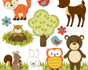 Forest Friends Cute Digital Clipart - Commercial Use OK - Woodland Animals Clipart, Forest Animals Graphics, Forest Animal Clipart