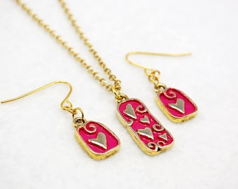 Pink Hearts Jewelry Set in Gold - Hand-painted, Limited Edition, Valentine's Day Gift