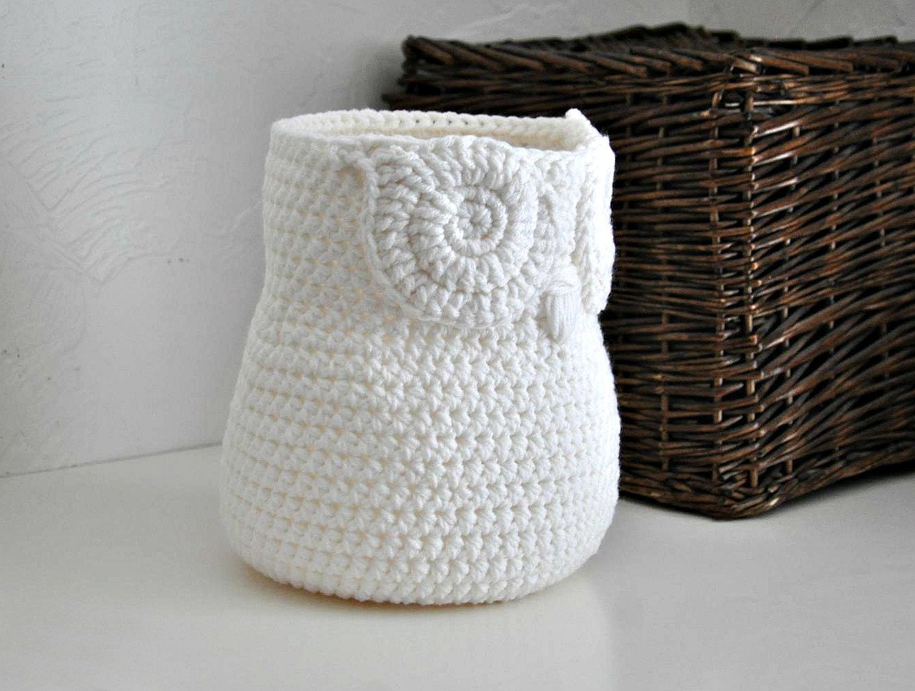 White Owl Basket Crocheted Bin Yarn Holder Gender Neutral