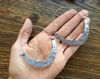 Rustic metal super hoop earrings, bent crescent hoop earrings