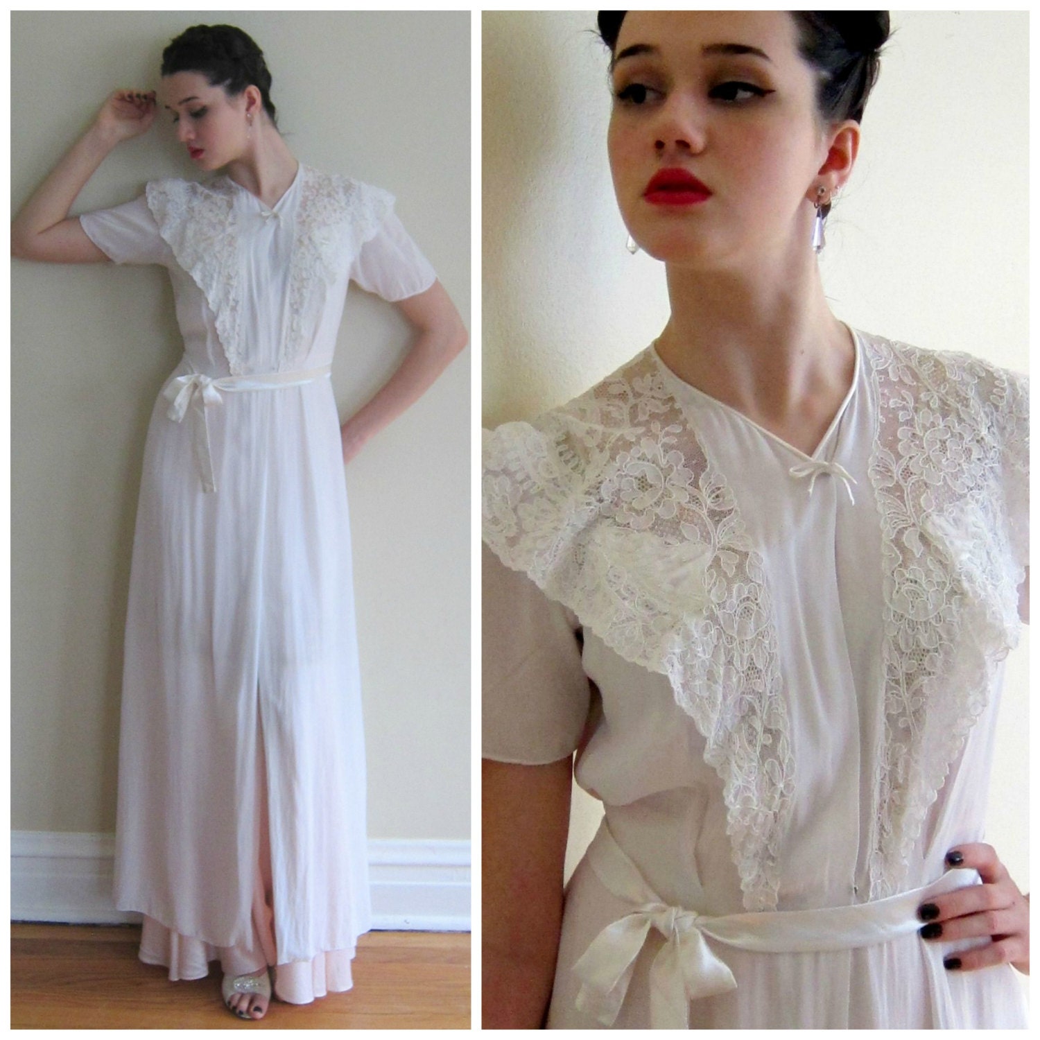 Vintage 1930s 1940s White Silk and Lace Robe / 30s 40s White