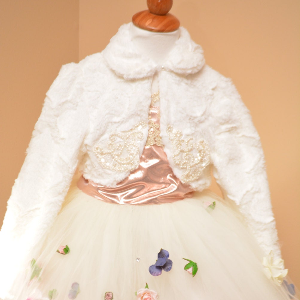 White Faux fur jacket for girls for flower girl dress. Warm