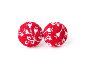 Tiny red earrings - red stud earrings - red button earrings - red fabric earrings - flowers white vintage look - gift for her