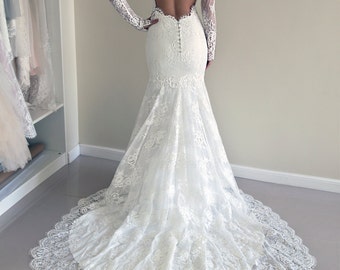 Lace Wedding Dress, Custom Made Wedding Dress, Trumpet Silhouette Wedding Dress, Open Back Lace Dress, Hourglass SIlhouette Wedding Gown