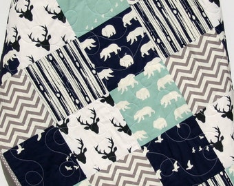 Baby Quilt, Boy, Navy Blue Grey Gray, Elk Deer, Woodlands, Forest, Birch, Modern Blanket, Chevron Bear Aztec, Crib Bedding, Toddler, Baby