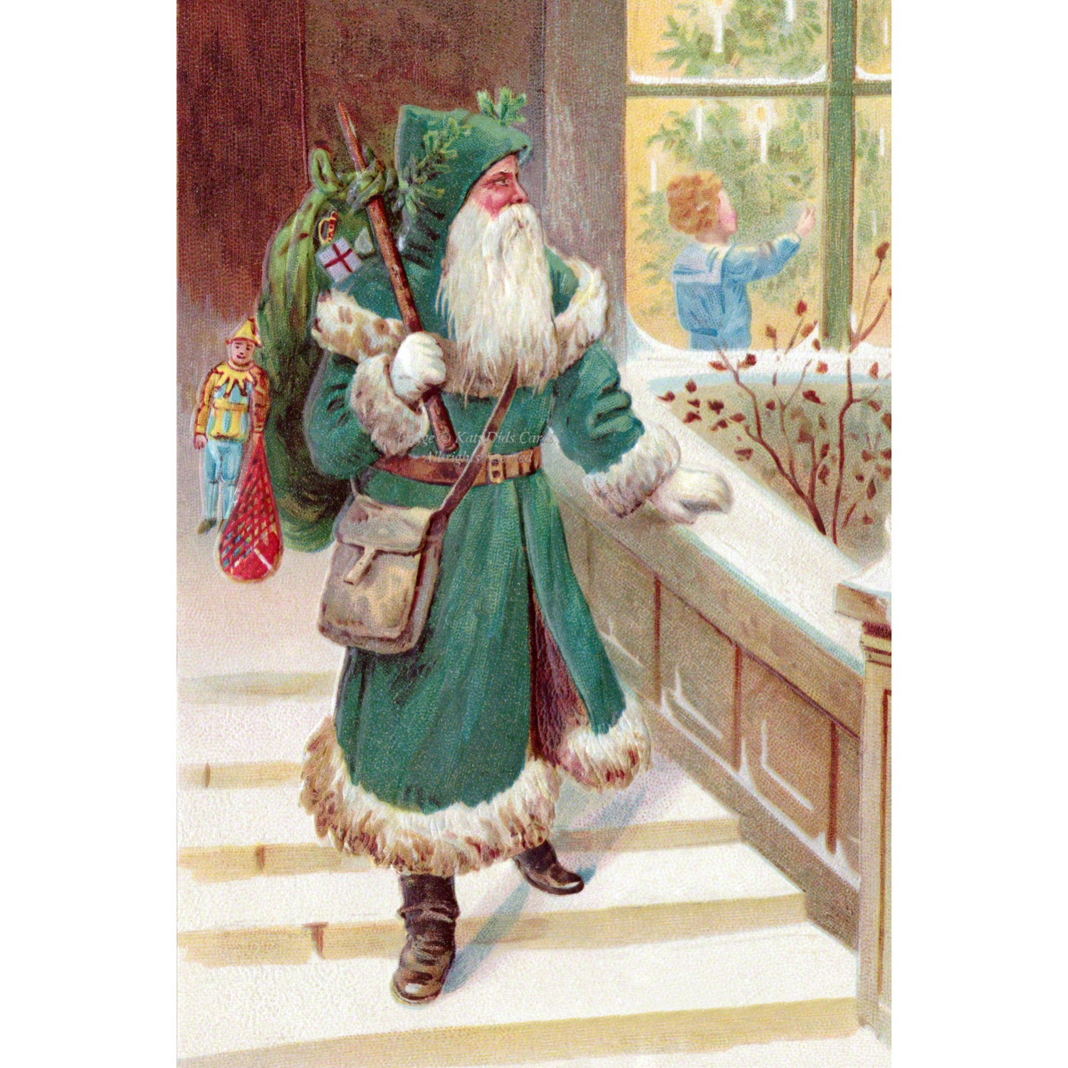 Santa Claus Card Green Robe Saint Nicholas with Gifts