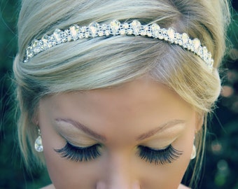 Halo bridal Headband, Pear Rhinestone Ribbon Tie Headpiece, bridal headpiece, wedding headband, wedding hair accessories