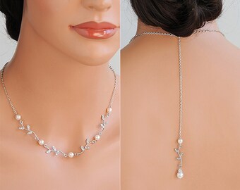 Backdrop Bridal Necklace, Back Drop Wedding Necklace, Swarovki Pearl Necklace, Crystal Leaf Necklace, Leaf Filigree Bridal Necklace, KACEY