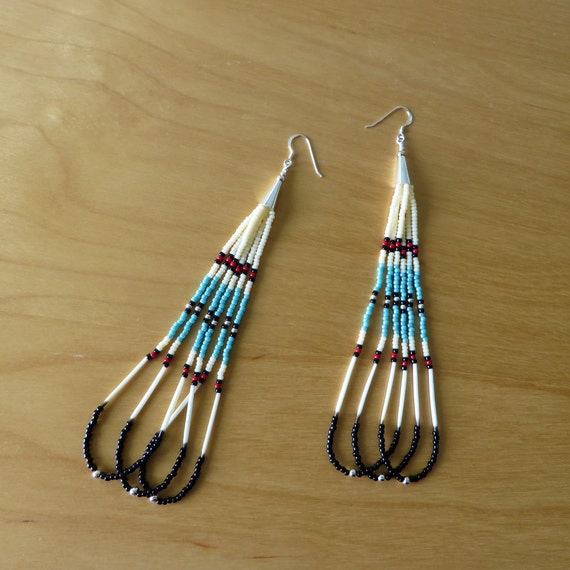 Long Porcupine Quill Earrings with Turquoise and Red Seed