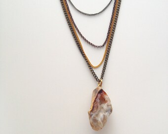 Brass, Copper and Gold Multi-Chain Necklace with Crystal - Handmade