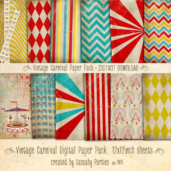 Vintage Carnival Paper Pack 12 Digital Sheets - INSTANT DOWNLOAD - Scrapbooking Card Making Birthday Party Decoration by Sassaby Parties Il_570xn