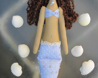 Mermaid doll handmade fabric doll blue lilac softie plush cloth doll art doll brunette Mermaid rag doll nursery decor gift for girl and mom