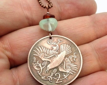 Bird necklace - bird coin pendant - Celtic bird necklace - Isle of Man two cent coin - red billed chough - flying bird pendant -coin jewelry