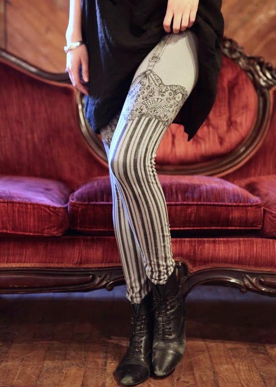 sale Grey Burlesque Leggings - Womens Legging - Garter leggings - printed Tights - suspender tights by Carouselink steampunk buy now online