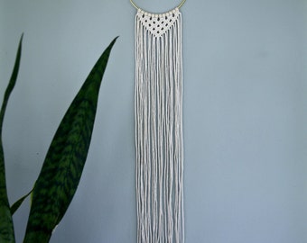 Macrame Wall Hanging - 35" Natural White Cotton Rope w/ 6" Brass Ring - Triangle Fringe - Boho Home, Nursery, Wedding Decor