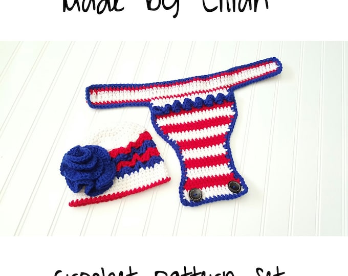 Crochet Pattern- 4th of July newborn photo prop, infant summer hat, cat in the hat Ruffled diaper cover & crochet hat, american flag pattern