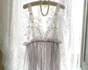 SALE Bridal Wedding Lingerie Lace Embroidery NightGown Light Pale Gray Sheer See Though Slip Dress Night gown ,Sexy Sleepwear Honeymoon