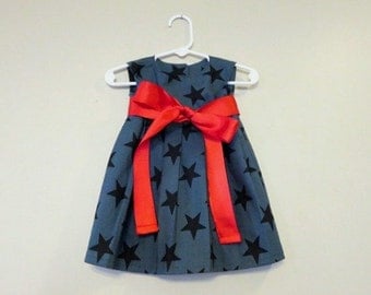 Toddler Dress 12-18m, 18-24m, or 2T, Navy with Stars and Red Ribbon