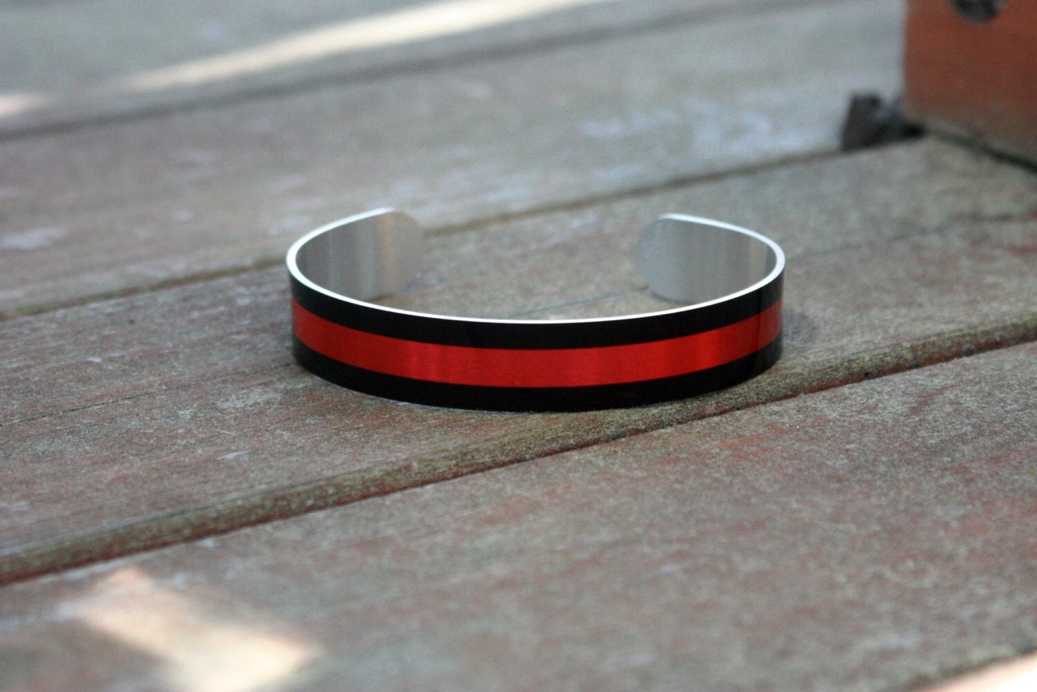 Thin Red Line Cuff Bracelet Brushed Silver First by MJMSelections