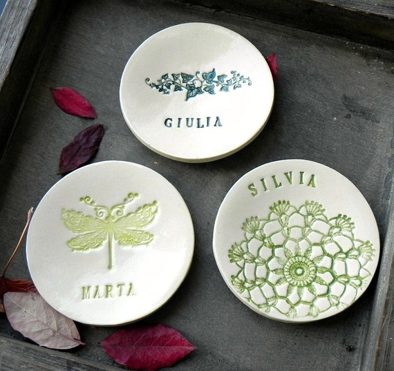 Personalized Bridesmaid Ceramic Ring Dishes Green Lace Pottery Bridal Plate Wedding Gift Jewelry Dish