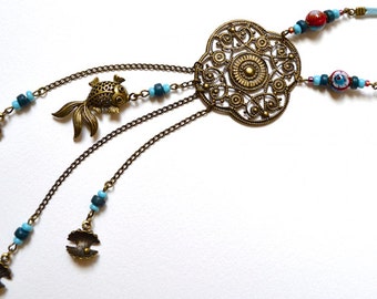 Long Necklace - Bronze Fish Pendant - Mixed Beads & Suede Cord - Handmade