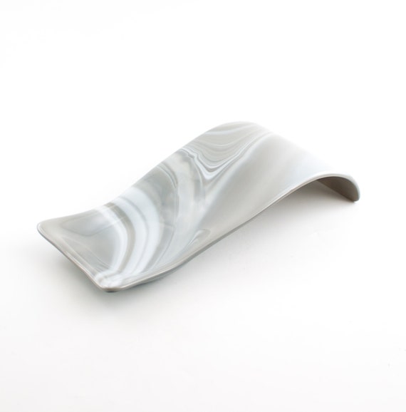 Fused Glass Spoon Rest Gray and White Modern Kitchen Decor