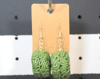 olive green brain earrings - polymer clay, brain earrings, brains, green brains, green earrings, polymer clay earrings, drop earrings, brain