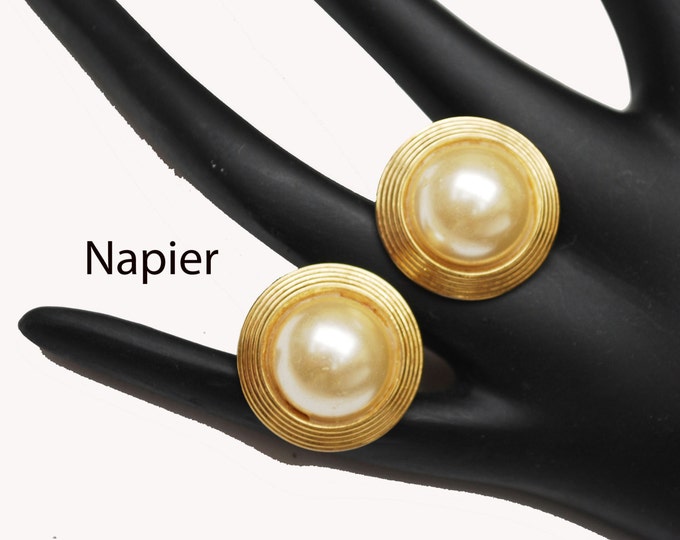 Napier Earrings Gold and Pearl Button Round pierced with clip earrings