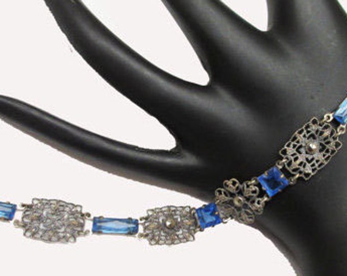 Blue Glass Link Bracelet - 1940s snap clasp - Marcasite silver plated filigree panel - Art Deco