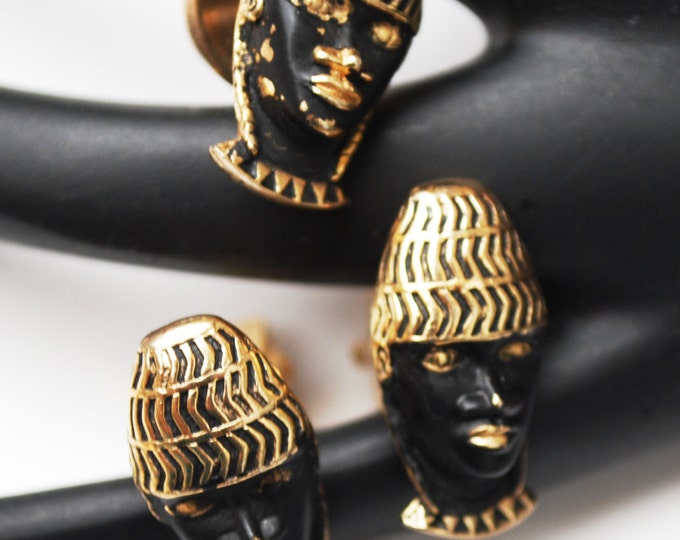 Tribal Face Cuff links Black Gold Mask blackamoor Matching cuff link and Tie Pin Swank