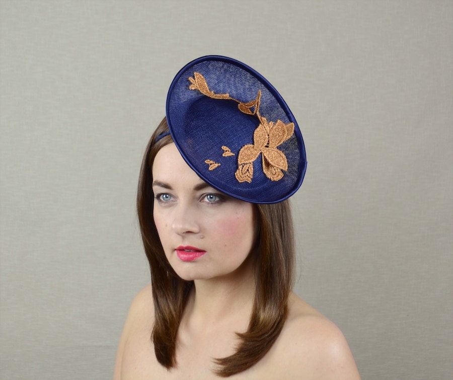 Navy Blue Saucer Hat with Copper Lace Trimming Blue