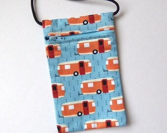 Pouch Zip Bag CARAVAN Fabric. Great for walkers, markets, travel. Cell Phone Pouch. Small fabric purse. Hippie campervan trailer.