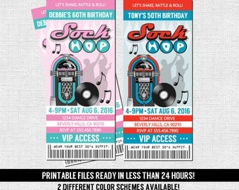 50's TICKET INVITATION Retro Sock Hop Birthday or Anniversary Party - Any Age - (print your own) Personalized Printable Files