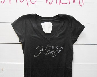 Maid-of-Honor Rhinestone T-Shirt V-Neck. Rhinestone Wedding Party Tees. Bride. Bridesmaid. Matron. Bachelorette Party. Maid-of-Honor Shirt.