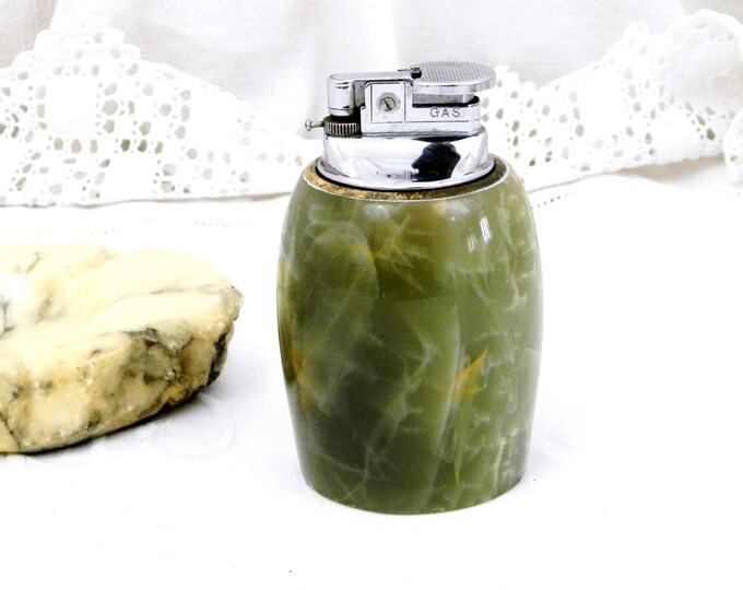 Vintage French Working Mid Century Green Onyx Stone Table Cigarette Lighter, Semi Precious Stone, Retro Home Interior, Man Cave Tobacciana