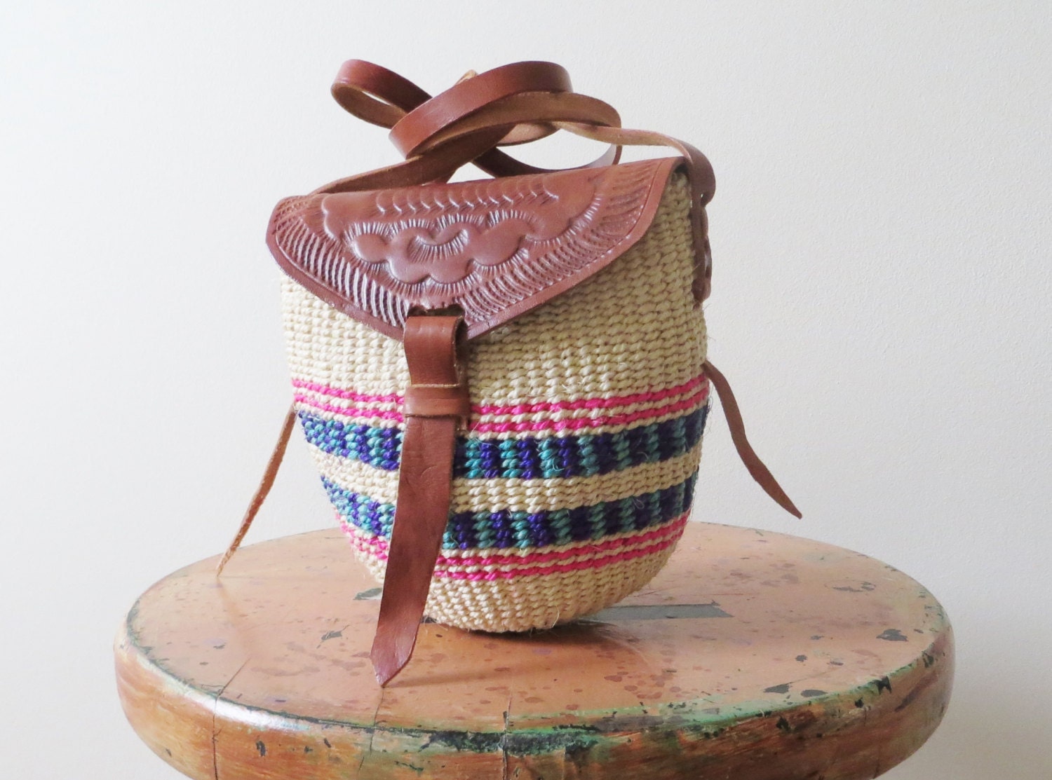 80s Jute and Leather Crossbody Bag Small Purse African Boho