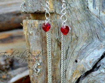Long Chain Earrings | Tassel Earrings | Red Heart Earrings | Submissive Jewelry | Chain Chandelier Earrings with Red Swarovski Crystal Heart
