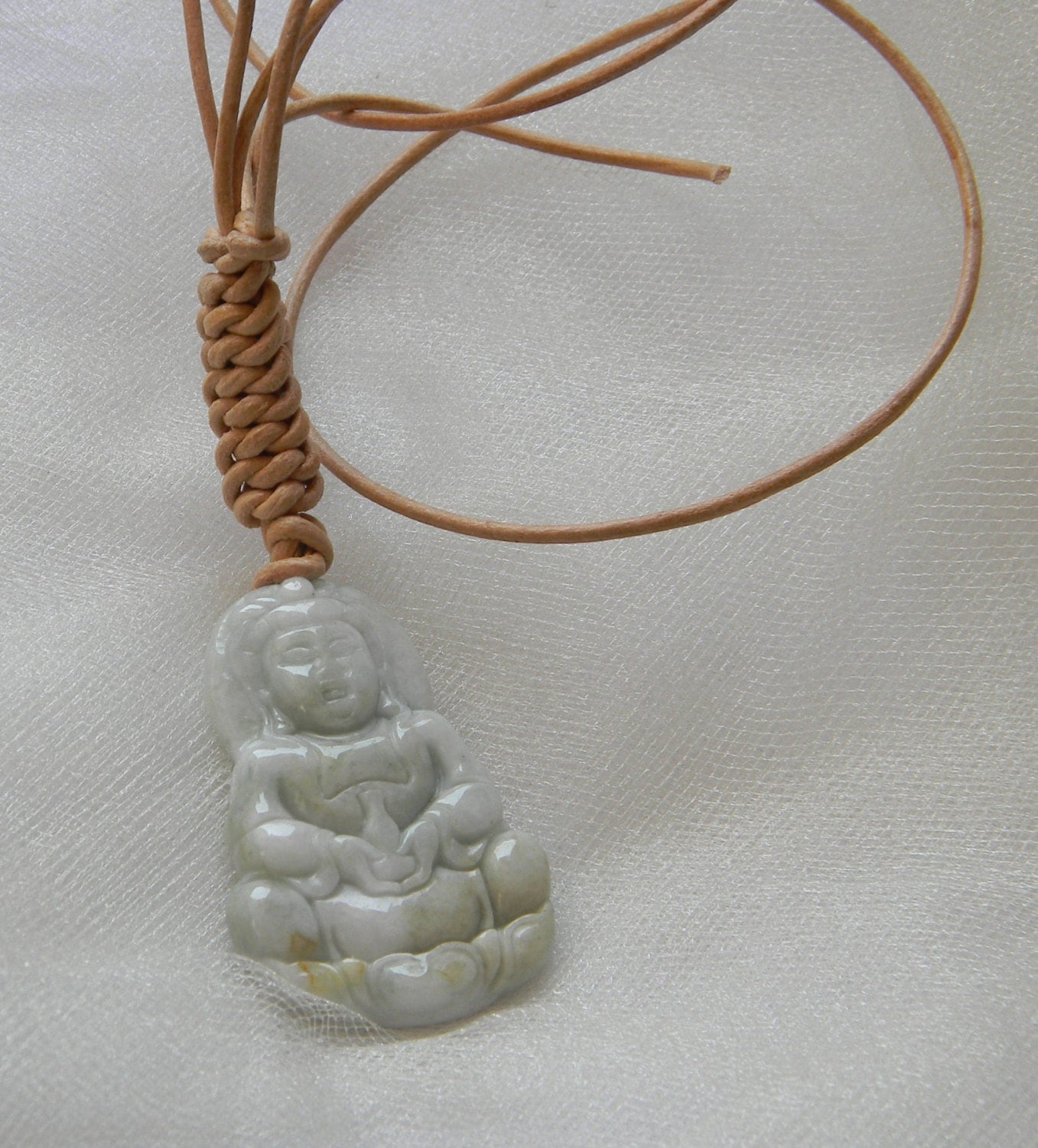 Jade Kwan Yin pendant w leather cord necklace by CloudPineStudio