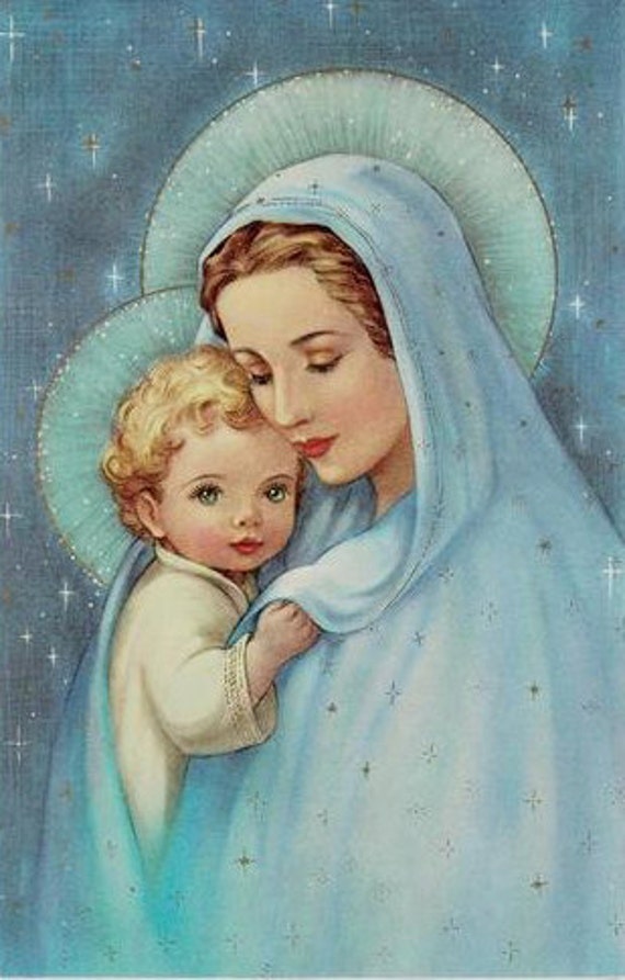 Vintage Mary and Baby Jesus in Blue 8x10 Fabric Block Great