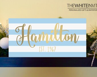 Personalized Family Name Sign - Last Name Sign - Family Sign - Established Sign - Stripe Faux Gold Foil Canvas