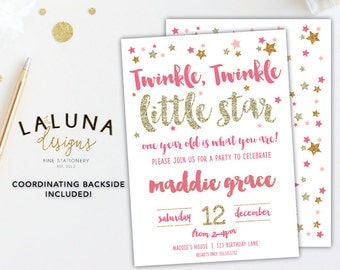 Twinkle Twinkle Little Star Birthday Invitation, Pink and Gold First Birthday, Gold Glitter Birthday Invitation, First Birthday, Printable