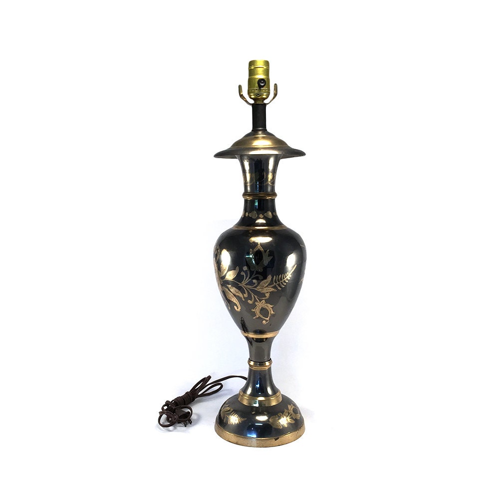 Vintage Brass Etched Urn Lamp Gold Gunmetal Lighting Boho