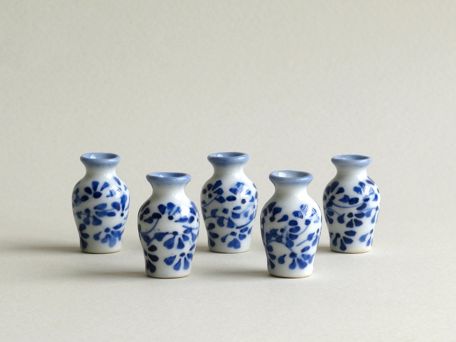 5 Miniature Blue & White Vases Hand painted ceramic floral