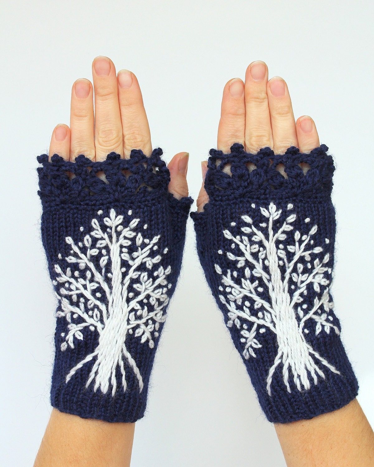 Hand Knitted Fingerless Gloves Dark Blue White Trees Gloves