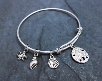 Sea Shell Bracelet - Charm Bracelet - Beach Jewelry - Expandable Bangle - Beach Lover - Beach Wedding - Bridesmaid Gift - Sand Dollar Charm