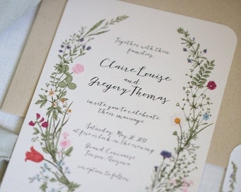 Wildflower Wedding Invitation set, Floral, Garden, calligraphy, outdoor wedding invitation