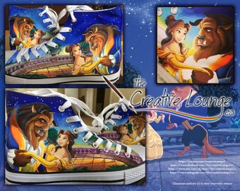 Custom Painted Shoes, Beauty and the Beast, Fan Made Shoes, Hand Painted, Canvas Hi Tops, Personalised Gifts, Customisable Sneakers