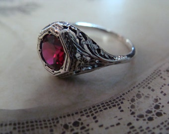 Sweet Sterling Filigree Ruby Ring Size 6 3/4
