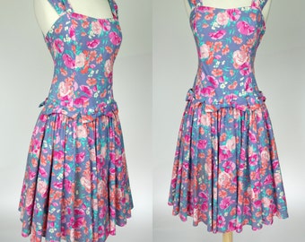 1980s Laura Ashley dress, floral print summer spring dress, fit and flare cotton bow dress, Small