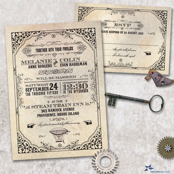 Steampunk Wedding Stationery Set Invitation and Reply Card, Printable